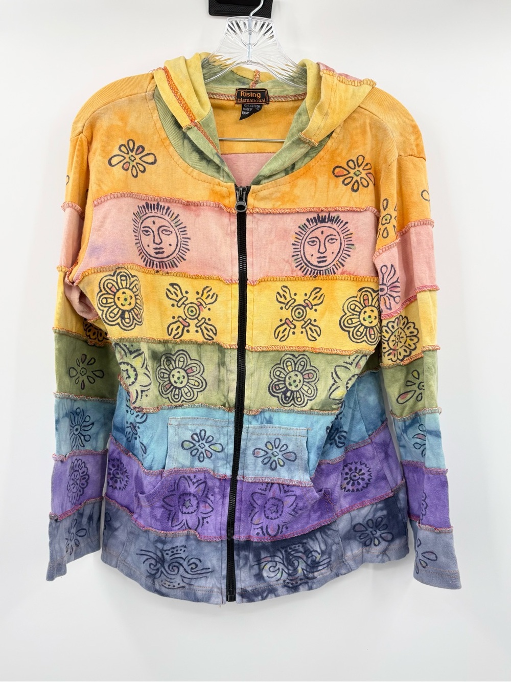 Rising International Vintage Zip Up Hooded Jacket Y2K Hippie Patchwork Medium